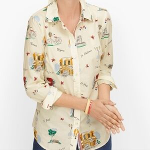 Talbots Classic Cotton Long Sleeve Button Front Shirt Petite Scenic France Print